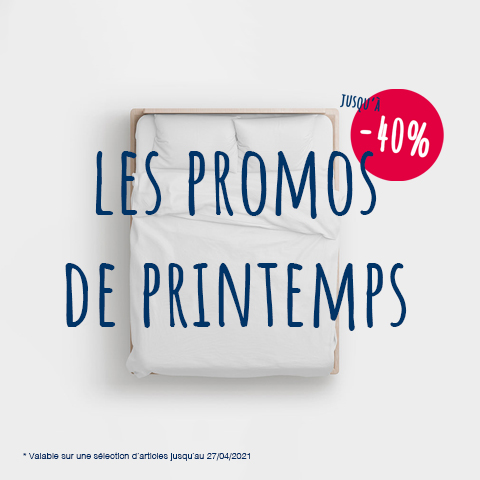 Promo de printemps pour bénéficier de 40% sur la literie Adulte et Senior, et 20% avec le code SOMMEIL20 sur les literies enfant, bébé, sommier, surmatelas et accessoires.